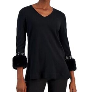 Anne Klein Black V-Neck Tunic Sweater Faux Fur Crystal Cuff Womens L NWT